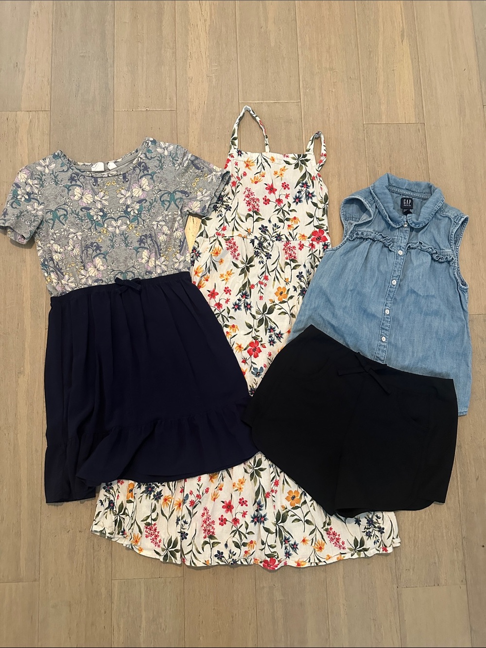 Floral Sundress, Maxi Dress, Chambray Ruffle Tank & Black Shorts Bundle